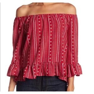 Sanctuary Julia On Off Shoulder‎ Flounce Top Size Large Red White Ruffles